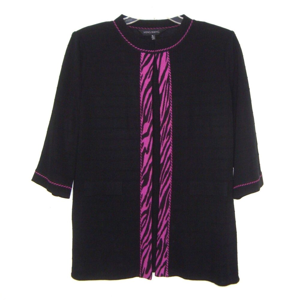 MING WANG Black with Purple Trim 3/4 Sleeve Knit Jacket